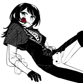 1girl baiyupiao bang_dream! bang_dream!_it&#039;s_mygo!!!!! blue_eyes blush capelet chinese_commentary commentary_request flower flower_in_mouth gloves greyscale highres long_hair monochrome pants red_flower red_rose rose see-through_clothes see-through_sleeves smile solo spot_color timoris_(bang_dream!) two-tone_pants vest yahata_umiri