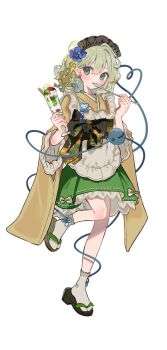 1girl alternate_costume apron black_sandals black_sash blue_flower bow commentary cup earrings enmaided flower flower_earrings food fruit full_body green_bow green_eyes green_hair green_skirt hair_flower hair_ornament heart heart_of_string holding holding_cup holding_spoon japanese_clothes jewelry kimono komeiji_koishi long_hair long_sleeves looking_at_viewer maid maid_headdress obi parfait ribbon ribbon-trimmed_sleeves ribbon_trim sandals sash simple_background skirt socks solo spoon standing standing_on_one_leg strawberry tamagogayu1998 third_eye touhou utensil_in_mouth wa_maid waist_apron white_apron white_background white_ribbon white_socks wide_sleeves yellow_kimono