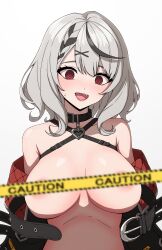 Rule 34 | 1girl, @ @, absurdres, areola slip, bare shoulders, black hair, blush, breasts, caution, censored, censored nipples, daydarion, embarrassed, grey hair, hair ornament, highres, hololive, large breasts, medium hair, multicolored hair, open mouth, red eyes, sakamata chloe, solo, streaked hair, surprised, topless, virtual youtuber, x hair ornament