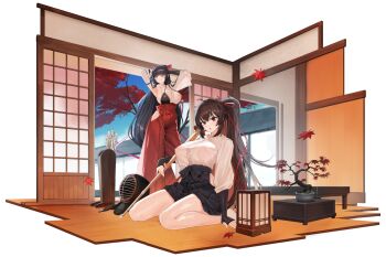2girls :o absurdres architecture arm_behind_head arrow_(projectile) asymmetrical_gloves black_gloves black_hair black_skirt bonsai breasts brown_hair chabudai clear_sky closed_mouth clothing_cutout collarbone covered_erect_nipples day east_asian_architecture elbow_gloves falling_leaves fingerless_gloves full_body game_asset gloves hair_ribbon hakama hakama_pants hakama_skirt hand_on_ground high_ponytail highres hime_cut hip_vent holding holding_sword holding_weapon huge_breasts indoors iris_yuma japanese_clothes kendo_mask kimono lantern last_origin leaf long_hair looking_at_viewer maple_leaf maple_tree mask mismatched_gloves multiple_girls muneate non-web_source official_alternate_costume official_art one_eye_closed pants paper_lantern pink_ribbon pleated_skirt ponytail purple_eyes quiver red_eyes red_pants red_ribbon red_skirt ribbon shinai shirayuri_(last_origin) shouji sideboob sidelocks single_sleeve sitting skindentation skirt sky sliding_doors smile soulworker sweat sword tabi table tachi-e transparent_background tree tunamayo_(dsasd751) unworn_mask v-shaped_eyebrows wariza weapon white_gloves white_kimono wide_sleeves wooden_floor wooden_table