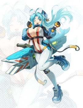 1girl bouncing_breasts breasts full_body gloves large_breasts navel one_eye_closed original sach56000