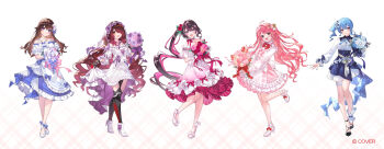 0th_generation_(hololive) 5girls :d ahoge android azki_(hololive) black_hair black_shoes blue_eyes blue_hair blue_sky boots bouquet bow bowtie brown_hair choker colored_inner_hair commentary_request copyright_name double-parted_bangs dress drill_hair drill_ponytail flower frilled_choker frilled_dress frills full_body gradient_hair green_eyes hair_between_eyes hair_flaps hair_flower hair_intakes hair_ornament hair_over_one_eye high-low_dress high_heel_boots high_heels highres holding holding_bouquet hololive hoshimachi_suisei jewelry layered_dress long_hair long_sleeves looking_at_viewer mechanical_hands mechanical_legs medium_hair mole mole_under_eye multicolored_hair multiple_girls necklace noir_eku off-shoulder_dress off_shoulder official_art open_mouth pink_hair pink_streaks pleated_dress puffy_long_sleeves puffy_short_sleeves puffy_sleeves purple_eyes red_bow red_bowtie roboco-san sakura_miko shoes short_sleeves side_ponytail sidelocks sky smile streaked_hair three-quarter_sleeves tokino_sora two_side_up very_long_hair virtual_youtuber white_boots white_choker white_dress white_shoes white_streaks