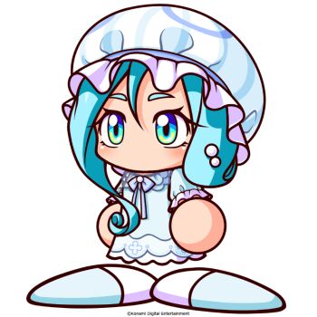 Rule 34 | 1girl, aqua eyes, aqua hair, aqua pajamas, artist request, awase marina, blue eyes, blue hat, bow, bowtie, commentary request, copyright notice, curly ends, gradient eyes, hair between eyes, hat, jikkyou powerful pro yakyuu, jikkyou powerful pro yakyuu (style), long hair, multicolored eyes, no mouth, official art, pajamas, pearl hair ornament, power pro appli, purple bow, purple bowtie, rayman limbs, solo, white background, yellow eyes