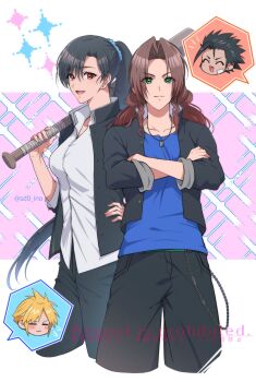 2boys 2girls aerith_gainsborough aerith_gainsborough_(midgard_seventh_high_school) bandaid bandaid_on_cheek bandaid_on_face baseball_bat black_hair black_jacket black_pants blonde_hair blue_scrunchie blue_shirt blush braid breasts brown_hair closed_eyes closed_mouth cloud_strife cloud_strife_(cosplay) cloud_strife_(midgard_seventh_high_school) collarbone collared_shirt commentary_request cosplay cropped_legs crossdressing crossdressing_(ftm) crossed_arms delinquent earrings final_fantasy final_fantasy_vii final_fantasy_vii_ever_crisis flat_chest flying_sweatdrops gakuran green_eyes hair_ornament hair_scrunchie hand_on_own_hip high_ponytail highres holding holding_baseball_bat jacket jewelry large_breasts long_hair looking_at_viewer multiple_boys multiple_girls necklace notice_lines open_clothes open_jacket open_mouth pants parted_bangs ponytail red_eyes school_uniform scrunchie sd0_ino shirt short_hair sparkle spiked_hair spoken_character stud_earrings tifa_lockhart tifa_lockhart_(midgard_seventh_high_school) twin_braids twitter_username white_shirt zack_fair zack_fair_(cosplay) zack_fair_(midgard_seventh_high_school)
