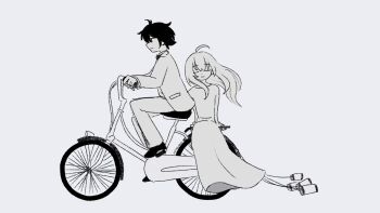 1boy 1girl ahoge bicycle bow bowtie can closed_eyes collared_shirt commentary dress english_commentary formal_clothes from_side full_body greyscale highres jacket long_dress long_hair long_sleeves looking_ahead mitsunba monochrome original pants riding riding_bicycle shirt shoes short_hair sidelocks signature simple_background smile suit suit_jacket