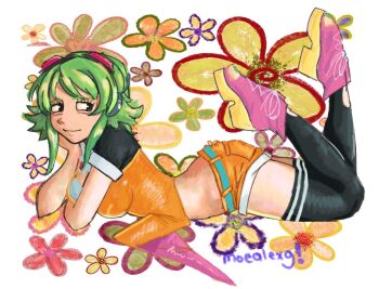 Rule 34 | 1girl, aegyo sal, belt, black-framed eyewear, black eyes, black sleeves, black thighhighs, breasts, closed mouth, floral background, flower, green belt, green hair, gumi, hand on own cheek, hand on own face, hatsuno, headphones, jacket, large breasts, looking to the side, lying, medium hair, orange jacket, orange shorts, pink shoes, red-tinted eyewear, shoes, shorts, signature, smile, solo, thighhighs, tinted eyewear, vocaloid