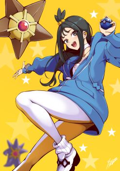 1girl :d absurdres black_hair blue_jacket cube_hair_ornament gen_1_pokemon hair_ornament highres hood hood_down hooded_jacket jacket lida_(pokemon) long_hair long_sleeves looking_at_viewer nintendo open_mouth partially_unzipped pokemon pokemon_(creature) pokemon_legends:_z-a ribbed_socks shoes smile socks solo star_(symbol) star_symbol_background starmie takagi_mitsukuni topknot white_shoes yellow_background