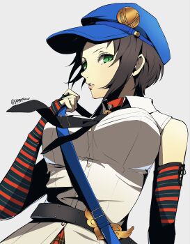 1girl arm_warmers artist_name bare_shoulders belt black_belt black_necktie blue_bag blue_hat breasts brown_hair collar collared_shirt commentary crossbody_bag elbow_gloves fingerless_gloves gloves green_eyes hat highres holding_strap large_breasts lips lock marie_(persona_4) necktie padlock padlocked_collar persona persona_4 persona_4_the_golden plaid_clothes plaid_skirt pppppknw red_collar safety_pin shirt short_hair sidelocks skirt sleeveless sleeveless_shirt solo striped_arm_warmers striped_clothes upper_body white_shirt