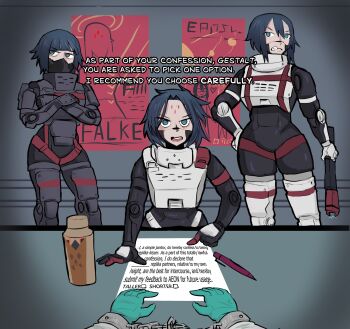 1boy 3girls arm_rest armor black_hair blue_eyes breastplate chained_wrists clenched_teeth closed_mouth covered_mouth english_text facial_mark falke_(signalis) femdom flirting forehead_mark furrowed_brow gloves green_gloves grey_background hair_between_eyes height_difference highres holding_taser interrogation janitor japvs knee_pads kolibri_(signalis) looking_at_viewer mechanical_arms medium_hair multiple_girls open_mouth paper pen poster_(object) pov pov_hands questionnaire robot_girl signalis star_(signalis) storch_(signalis) talking taser teeth thermos upper_teeth_only