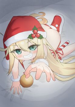 1girl absurdres adapted_costume albacore_(azur_lane) all_fours arm_up ass azur_lane bent_over bikini bikini_bottom_pull bikini_top_pull blonde_hair blush boots butt_crack candy candy_cane christmas commentary_request fang food from_above front-tie_bikini_top front-tie_top green_eyes grin hair_between_eyes hat highres kneeling long_hair looking_at_viewer looking_up loose_bikini reaching reaching_towards_viewer red_hat santa_bikini santa_costume santa_hat side-tie_bikini_bottom smile solo star_(symbol) star_in_eye super_mizow swimsuit symbol_in_eye very_long_hair