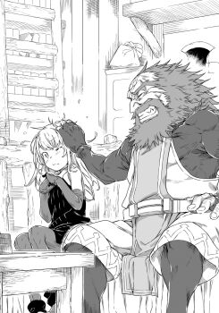 1boy 1girl aged_down aiz_wallenstein beard closed_eyes closed_mouth compression_shirt dress dungeon_ni_deai_wo_motomeru_no_wa_machigatteiru_darou_ka dwarf elbow_gloves facial_hair fingerless_gloves full_beard gareth_landrock gloves greyscale grin haimura_kiyotaka hair_slicked_back hand_on_another&#039;s_head headpat highres indoors long_hair looking_at_another monochrome novel_illustration official_art one_eye_closed own_hands_together pelvic_curtain sitting sleeveless sleeveless_dress smile sword_oratoria third-party_source