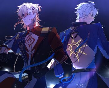 2boys absurdres alteeno antenna_hair arm_tattoo back_cutout back_tattoo black_gloves blonde_hair blue_coat blue_eyes braid chest_tattoo cleavage_cutout clothing_cutout coat facial_tattoo gloves gradient_hair hair_ornament hairpin highres honkai:_star_rail honkai_(series) male_focus medium_hair multicolored_hair multiple_boys mydei_(honkai:_star_rail) parted_bangs phainon_(honkai:_star_rail) red_coat red_hair red_tattoo sansanjintianxiewenlema short_hair side_braid tattoo white_hair yellow_eyes