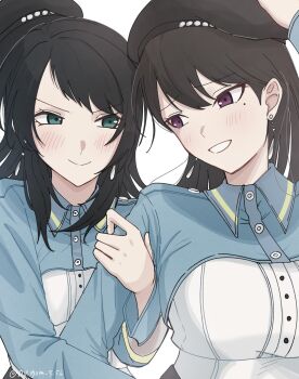 Rule 34 | 2girls, animal ears, bang dream!, bang dream! it's mygo!!!!!, beret, black hat, blue eyes, blush, breasts, closed mouth, commentary request, hat, highres, large breasts, long sleeves, mole, mole under eye, multiple girls, nagomu 7 56, open mouth, shiina taki, white background, yahata umiri