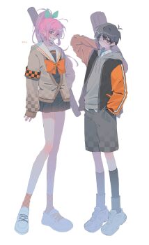 1boy 1girl 673_q absurdres alternate_costume alternate_hairstyle antenna_hair artist_name aubrey_(faraway)_(omori) aubrey_(omori) black_eyes black_hair black_shorts black_skirt black_socks blue_eyes blue_ribbon closed_mouth eyepatch grey_hoodie hair_ribbon highres hood hoodie instrument_case instrument_case_on_back jacket long_hair long_sleeves looking_at_viewer omori open_mouth orange_socks pink_hair pleated_skirt ponytail ribbon shoes short_hair shorts simple_background skirt sleeves_past_wrists sneakers socks spoilers sunny_(omori) teeth unmoving_pattern upper_teeth_only white_background white_shoes