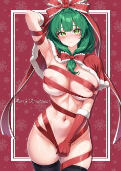 1girl absurdres areola_slip arm_up armpits blush bow breasts capelet closed_mouth commentary_request covered_erect_nipples elbow_gloves frilled_bow frilled_ribbon frills front_ponytail fur-trimmed_capelet fur-trimmed_gloves fur_trim gloves green_eyes green_hair hair_bow hair_ribbon highres huge_breasts kagiyama_hina leo23 long_hair looking_at_viewer merry_christmas naked_ribbon navel red_bow red_capelet red_gloves red_ribbon ribbon skindentation solo stomach thick_thighs thighs touhou