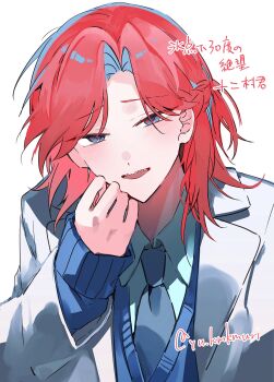 Rule 34 | 1boy, absurdres, blue eyes, blue necktie, blue shirt, blue sweater, blush, braid, collared shirt, commentary request, curtained hair, dress shirt, half updo, highres, hyoutenka 30-do no zetsubou, jacket, lapels, looking at viewer, medium hair, necktie, open mouth, red hair, shirt, side braid, simple background, smile, solo, sweater, tonimura yui, upper body, white background, white jacket, yu kmkmuri
