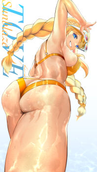 1girl absurdres alternate_costume artist_request ass ass_focus bikini blonde_hair blue_eyes blush braid breasts butt_crack from_behind from_below goddess_of_victory:_nikke grin highres huge_ass large_breasts long_hair looking_at_viewer looking_back looking_down official_alternate_costume sideboob smile solo sunglasses sunglasses_on_head swimsuit thick_thighs thighs tove_(nikke) tove_(sunblaze)_(nikke) twin_braids very_long_hair wet wet_clothes