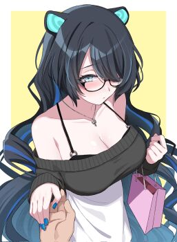 1girl animal_ears bag bare_shoulders black-framed_eyewear black_hair black_sweater blue_eyes blue_hair blue_nails breasts cleavage colored_inner_animal_ears commentary english_commentary erina_makina glasses hair_over_one_eye highres jewelry large_breasts long_hair long_sleeves masuyu_rumu multicolored_hair nail_polish necklace off-shoulder_sweater off_shoulder one_eye_covered pendant phase_connect pov pov_hands reaching reaching_towards_viewer second-party_source semi-rimless_eyewear shopping_bag simple_background skirt streaked_hair sweater tiger_ears tiger_girl two-tone_background two-tone_hair very_long_hair virtual_youtuber white_background white_skirt yellow_background