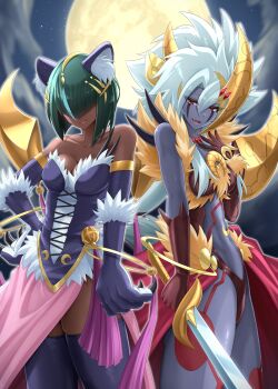 2girls :d animal_ears bare_shoulders breasts claws cleavage closed_mouth collarbone commentary_request dark-skinned_female dark_skin duel_monster full_moon gloves green_hair hair_between_eyes hair_over_eyes highres holding holding_sword holding_weapon long_hair looking_at_viewer lunalight_leo_dancer lunalight_panther_dancer moon multiple_girls night nokia_(nm) open_mouth panther_ears panther_girl purple_thighhighs red_eyes short_hair smile sword thighhighs weapon white_hair yu-gi-oh!