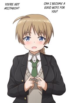 1girl absurdres blue_eyes blush brown_hair confession hattorin highres long_hair looking_at_viewer lynette_bishop open_mouth ponytail simple_background smile solo strike_witches upper_body white_background world_witches_series