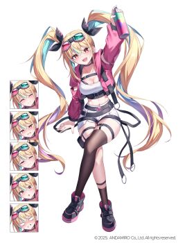 1girl absurdres aqua_hair arm_up asymmetrical_legwear belt black_choker black_shoes blonde_hair breasts brown_socks brown_thighhighs character_request choker cleavage clothing_cutout commentary_request crop_top cropped_jacket goggles goggles_on_head gradient_hair hair_ribbon highres holding holding_spray_can jacket korean_commentary large_breasts long_hair long_sleeves looking_at_viewer midriff multicolored_hair multiple_expressions navel open_clothes open_jacket open_mouth pink_jacket pump_it_up purple_hair red_eyes ribbon shirt shoes short_shorts shorts shoulder_cutout simple_background single_thighhigh smile socks solo spray_can thighhighs two-tone_hair ugwa very_long_hair white_background white_shirt white_shorts