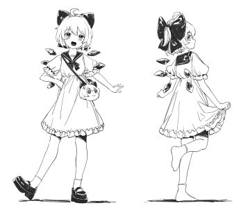 1girl absurdres ahoge alternate_costume bag blush bow cirno commentary detached_wings dress full_body fumo_(doll) greyscale hair_bow hand_on_own_hip highres ice ice_wings leg_up looking_at_viewer looking_back mary_janes monochrome multiple_views puffy_short_sleeves puffy_sleeves shoes short_hair short_sleeves siyumu skirt_hold socks standing standing_on_one_leg touhou wings yukkuri_shiteitte_ne