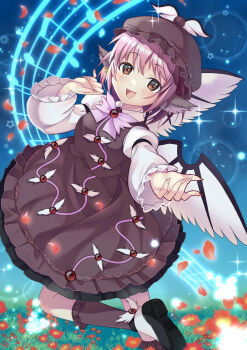 Rule 34 | 1girl, animal ears, bird ears, bird wings, black shoes, blush, breasts, brown dress, brown eyes, brown hat, commentary request, dress, earrings, falling petals, fingernails, flower, flower request, hat, highres, hoop earrings, jewelry, leg up, lens flare, long fingernails, long sleeves, looking at viewer, medium breasts, medium hair, musical note, musical staff, mystia lorelei, nekosugi (hoshi), open mouth, petals, pink hair, red flower, red petals, sharp fingernails, shoes, short hair, smile, solo, sparkle, touhou, winged hat, wings