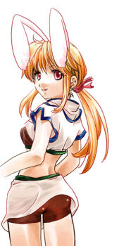 1girl animal_ears aria_(glamorousgossip) back blonde_hair brown_shorts commentary_request crop_top from_behind hunter_(ragnarok_online) long_hair looking_at_viewer looking_back low_ponytail midriff miniskirt open_mouth pink_eyes ponytail rabbit_ears ragnarok_online shirt shorts shorts_under_skirt sidelocks simple_background skirt solo white_background white_shirt white_skirt