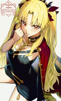 1girl black_dress blonde_hair blush bow breasts cape commentary_request detached_collar dress earrings ereshkigal_(fate) fate/grand_order fate_(series) gold_trim hair_bow highres hood hooded_cape jewelry kabosoi_mangaka long_hair looking_at_viewer parted_bangs red_eyes short_dress single_sleeve skull_ornament small_breasts solo tiara two_side_up