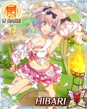 Rule 34 | + +, 1girl, :d, arm up, blue eyes, border, bow, branch, breasts, card (medium), character name, cleavage, day, fire, flower-shaped pupils, game cg, hair bow, hibari (senran kagura), holding, holding branch, japanese clothes, kimono, large breasts, looking at viewer, official art, open mouth, panties, pink hair, pink pupils, senran kagura, senran kagura new wave, short twintails, skirt, smile, solo, standing, sweat, symbol-shaped pupils, third-party source, torn clothes, torn kimono, torn panties, torn skirt, twintails, underwear