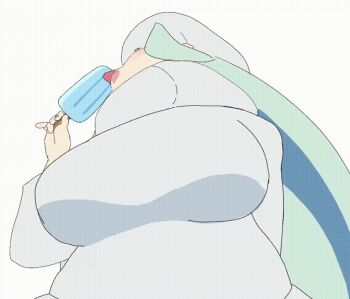 1girl animated animated_gif bouncing_breasts breasts denpatou earrings food green_hair hat huge_breasts jewelry jiggle licking long_hair mature_female melony_(pokemon) nintendo pokemon pokemon_sword_and_shield popsicle simple_background solo sweater tongue tongue_out white_background white_sweater