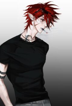 Rule 34 | 1boy, absurdres, aotu world, arm tattoo, black shirt, choker, cigarette, cowboy shot, ear piercing, earrings, eyebrow piercing, eyewear on head, face piercing, facial scar, gradient background, grey background, grey pants, hair between eyes, highres, jewelry, lip piercing, looking to the side, male focus, mouth hold, neck tattoo, necklace, pants, piercing, pius (aotu world), pointy ears, red eyes, red hair, scar, scar on cheek, scar on face, shirt, short hair, short sleeves, smoke, smoking, solo, sunglasses, t-shirt, tattoo, yigeniuren