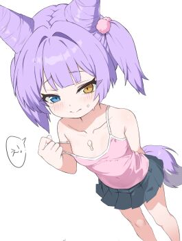 1girl black_skirt blue_eyes blush breasts camisole closed_mouth cone_hair_bun covered_navel double-parted_bangs double_bun feet_out_of_frame foreshortening fox_girl from_above hair_bun hair_intakes hair_ornament heterochromia highres jwi_811 loli looking_at_viewer looking_up miniskirt pink_camisole pleated_skirt pom_pom_(clothes) pom_pom_hair_ornament purple_hair purple_tail short_hair skirt small_breasts solo spaghetti_strap speech_bubble standing stellive strap_pull suggestive_fluid sweat tail tenko_shibuki translation_request twintails virtual_youtuber yellow_eyes