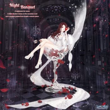 Rule 34 | 1girl, alcohol, apple, artist request, beads, breasts, chandelier, character name, checkered floor, cleavage, cleavage cutout, clothing cutout, copyright logo, cup, dress, drinking glass, earrings, eating, english text, expressionless, flower, food, fruit, full body, fur shawl, gold earrings, hallway, high heels, holding, holding cup, holding food, holding fruit, in container, in cup, indoors, jewelry, lace dress, lipstick, logo, long hair, long sleeves, looking at food, makeup, medium breasts, miracle nikki, night banquet (miracle nikki), nikki (series), official art, open mouth, petals, pointy ears, red eyes, red flower, red hair, red lips, red rose, ring, rose, rose petals, shawl, shoes, short dress, sitting, sleeves past wrists, snake, solo, spilling, stained glass, third-party source, wavy hair, white dress, white shawl, white shoes, window, wine, wine glass