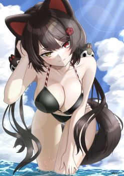 1girl :3 alternate_costume animal_ears animal_hair_ornament bare_shoulders bikini black_bikini blue_sky blush breasts breasts_squeezed_together brown_hair brown_tail cleavage closed_mouth cloud collarbone commentary_request cowboy_shot day dog_ears dog_girl dog_tail flower gluteal_fold hair_flower hair_ornament hand_in_own_hair hand_on_own_thigh hand_up hanging_breasts head_tilt heterochromia highres inui_toko large_breasts leaning_forward lens_flare light_rays long_hair low_twintails mikera_05_27 nijisanji outdoors red_eyes sky smile solo sunbeam sunlight swimsuit tail thigh_gap twintails very_long_hair virtual_youtuber water yellow_eyes