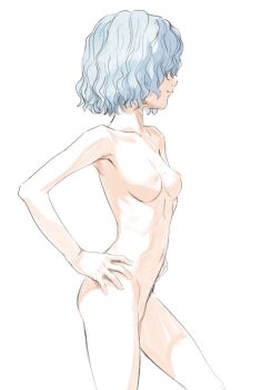 1girl berserk blue_hair body_freckles breasts butterchalk closed_mouth commentary completely_nude freckles hands_on_own_hips highres isma loli navel nipples nude short_hair simple_background small_breasts solo standing white_background