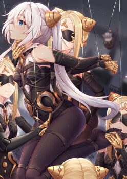 6+girls arms_behind_back bdsm black_legwear blonde_hair blue_eyes blush bondage bound bound_arms bound_legs breasts bronya_zaychik character_request chinese_commentary clenched_teeth closed_mouth commentary_request doll_joints elbow_gloves eye_mask facial_mark facing_another feet forehead_mark full_body gloves hand_on_another&#039;s_neck herrscher_of_dominance highres holding_another&#039;s_foot honkai_(series) honkai_impact_3rd joints long_hair looking_away mask multiple_girls no_shoes pantyhose parted_bangs pixiv_id puppet puppet_strings restrained shibari small_breasts smile teeth theresa_apocalypse twintails very_long_hair white_background yiduan_zhu