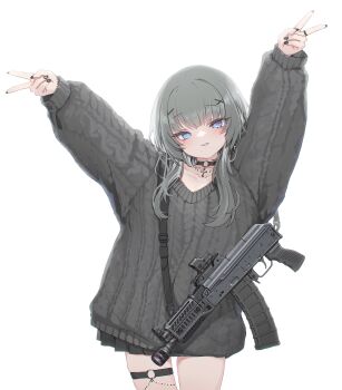 1girl absurdres aks-74u arms_up assault_rifle black_choker black_nails black_skirt blue_eyes check_weapon choker commentary_request cowboy_shot cross double_v eotech grey_hair grey_sweater gun hair_ornament hairclip highres jewelry kalashnikov_rifle long_hair long_sleeves looking_at_viewer nail_art nail_polish o-ring o-ring_choker o-ring_thigh_strap oota_youjo original oversized_clothes pleated_skirt puffy_long_sleeves puffy_sleeves rifle ring simple_background skirt solo standing sweater thigh_strap v weapon weapon_request white_background x_hair_ornament