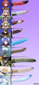 6+futa absurdres animal_ears animal_penis artist_name bare_shoulders black_hair blonde_hair blue_eyes blue_hair blue_skin brighid_(xenoblade) brown_eyes cat_ears cat_girl character_name chart closed_eyes closed_mouth colored_skin comparison dahlia_(xenoblade) dark-skinned_female dark_skin earrings erection fang fiery_hair finger_to_mouth futanari glasses green_eyes green_skin grey_hair grin highres huge_penis jewelry knotted_penis kushishekku large_penis long_hair looking_at_viewer matching_hair/eyes medium_penis morag_ladair_(xenoblade) multiple_futa mythra_(xenoblade) newt_(xenoblade) nia_(xenoblade) nintendo parted_lips penis penis_chart penis_comparison penis_sheath penis_size_comparison penis_size_difference perun_(xenoblade) ponytail purple_hair pyra_(xenoblade) rabbit_ears rabbit_girl red_eyes red_hair round_eyewear short_hair smile teeth testicles tiara twintails uncensored veins veiny_penis white_hair xenoblade_chronicles_(series) xenoblade_chronicles_2 zenobia_(xenoblade)