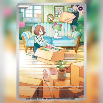 1boy 1girl blue_overalls blue_shirt box brown_hair card_(medium) cardboard_box collared_shirt commentary company_name copyright_name copyright_notice couch english_commentary gen_3_pokemon glasses green_shirt green_shoes grey_pants holding holding_box indoors kneeling long_sleeves nintendo official_art on_couch open_mouth overalls pants photo_(object) picture_frame plant pokemon pokemon_(creature) pokemon_card pokemon_tcg potted_plant ralts sasumata_jirou shirt shoes short_hair short_sleeves smile striped_clothes striped_shirt teeth textless_version third-party_source trading_card upper_teeth_only window wooden_floor
