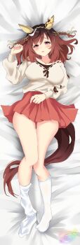 1girl 7290snk absurdres braid breasts brown_hair buena_vista_(casual)_(umamusume) buena_vista_(umamusume) casual commentary_request commission dakimakura_(medium) full_body hair_between_eyes hair_ornament hairband highres horse_girl long_hair looking_at_viewer medium_breasts open_mouth purple_eyes skeb_commission socks solo thighs umamusume