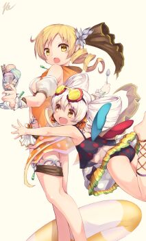 Rule 34 | 2girls, absurdres, bikini, black bikini, blonde hair, breasts, brown eyes, commentary request, detached sleeves, drill hair, flower, food, glomp, goggles, goggles on head, grey flower, hair flower, hair ornament, highres, holding, holding food, holding ice cream, hug, hug from behind, ice cream, jacket, jewelry, mahou shoujo madoka magica, momoe nagisa, momoe nagisa (swimsuit ver.), multiple girls, official alternate costume, open mouth, orange jacket, polka dot, polka dot bikini, short sleeves, side drill, sideboob, smile, swim ring, swimsuit, taka.yana, tankini, thigh strap, thighlet, tomoe mami, tomoe mami (swimsuit ver.), white hair, white sleeves, wrist cuffs, yellow background, yellow eyes
