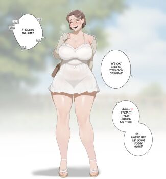 1girl blurry blurry_background breasts brown_hair brown_jacket cleavage commentary depth_of_field dress english_commentary english_text full_body highres huge_breasts jacket open_clothes open_jacket open_mouth original sandals short_dress short_hair sleeveless sleeveless_dress solo soraoraora speech_bubble sweat white_dress