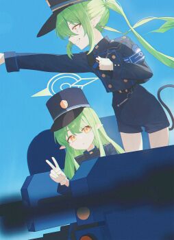 2girls :< armband black_tail blue_archive blue_armband blue_background blue_jacket blue_shorts buttons commentary_request demon_tail double-breasted earrings fang green_hair green_halo halo hat highres hikari_(blue_archive) jacket jewelry long_hair long_sleeves looking_at_viewer multiple_girls nozomi_(blue_archive) open_mouth peaked_cap pointing pointing_forward pointy_ears shorts siblings sisters skin_fang sla2h_help tail train_conductor twins twintails v yellow_eyes