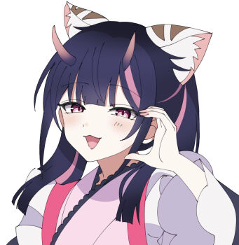 Rule 34 | 1boy, animal ears, blush, cho kaguya-hime!, commentary request, crossdressing, crossdressing (mtf), hand up, highres, horns, komazawa noi, looking at viewer, male focus, multicolored hair, open mouth, pink nails, solo, trap, white background, yukimi (yuyuyu 324)