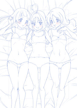 Rule 34 | 3girls, ahoge, alternate hairstyle, aokaze nana, arm around back, bed sheet, blue theme, blush, bow, bow bra, bow panties, bra, cameltoe, cleft of venus, commentary, crotch seam, flat chest, from above, girl sandwich, gluteal fold, hair down, hand on own chest, highres, kimi to idol precure, long hair, looking at viewer, medium hair, micro panties, miyagoe yoshitsuki, monochrome, multiple girls, navel, on bed, open mouth, panties, precure, pussy, sakura uta (precure), sandwiched, shigure kokoro, side-by-side, side-tie panties, smile, spot color, string panties, thigh gap, training bra, underwear, underwear only