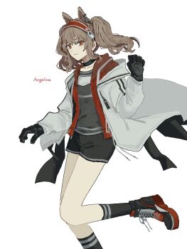 1girl angelina_(arknights) animal_ears arknights black_choker black_collar black_gloves black_shirt black_shoes black_shorts black_socks blush brown_hair choker closed_mouth coat collar collarbone commentary commentary_request earpiece floating_clothes floating_hair foot_out_of_frame fox_ears fox_girl gloves hairband hand_up highres infection_monitor_(arknights) jacket kneehighs leg_up long_hair long_sleeves looking_at_viewer no_tail open_clothes open_coat open_jacket red_eyes red_hairband red_jacket shirt shoes short_shorts shorts sidelocks simple_background smile sneakers socks solo striped_clothes striped_hairband twintails two-tone_hairband unzipped upper_body white_background white_coat wm1846