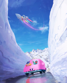 Rule 34 | absurdres, artist name, bandana, bandana waddle dee, blue bandana, blue eyes, blue sky, blush, blush stickers, brown eyes, car, car-mouth kirby, cloud, commentary request, day, elfilin, full body, highres, kirby, kirby (series), kirby and the forgotten land, motor vehicle, mountain, mouthful mode, nintendo, no humans, outdoors, revision, road, sky, snow, star (symbol), starman (kirby), suyasuyabi, twitter username, vehicle focus