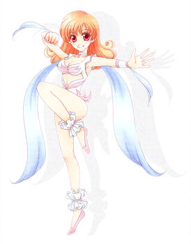 1girl alena_(dq4) angel_leotard ankle_garter bad_id bad_pixiv_id blush breasts chunsoft cleavage clenched_hand curly_hair dragon_quest dragon_quest_iv enix female_focus leotard long_hair miele orange_hair red_eyes ribbon small_breasts smile solo wrist_cuffs