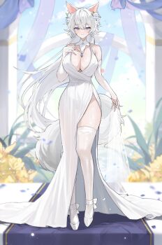1girl absurdres animal_ears blue_eyes blush breasts bridal_gauntlets cleavage closed_mouth commentary_request day dress falling_petals full_body grey_hair gurami_(zangizarang) hair_between_eyes hand_on_own_chest highres large_breasts long_hair looking_at_viewer original outdoors petals smile solo standing tail thighhighs very_long_hair wedding_dress white_bridal_gauntlets white_dress white_thighhighs